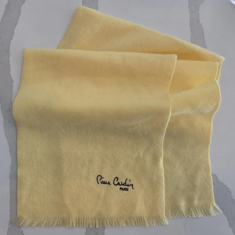 Vintage Pierre Cardin Paris Yellow Fringed Scarf Embroidered Logo Soft Knit